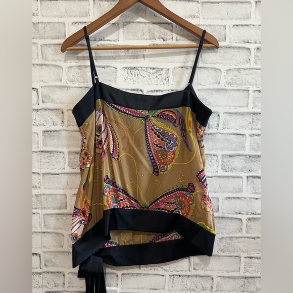Trina Turk sleeveless silk blend gold/black with multicolor paisley print top L - Picture 2 of 4